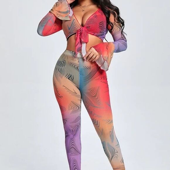 Stylish Long Sleeve Mesh Crop Top & Leggings Pants Set Breathable Trendy - Picture 4 of 16